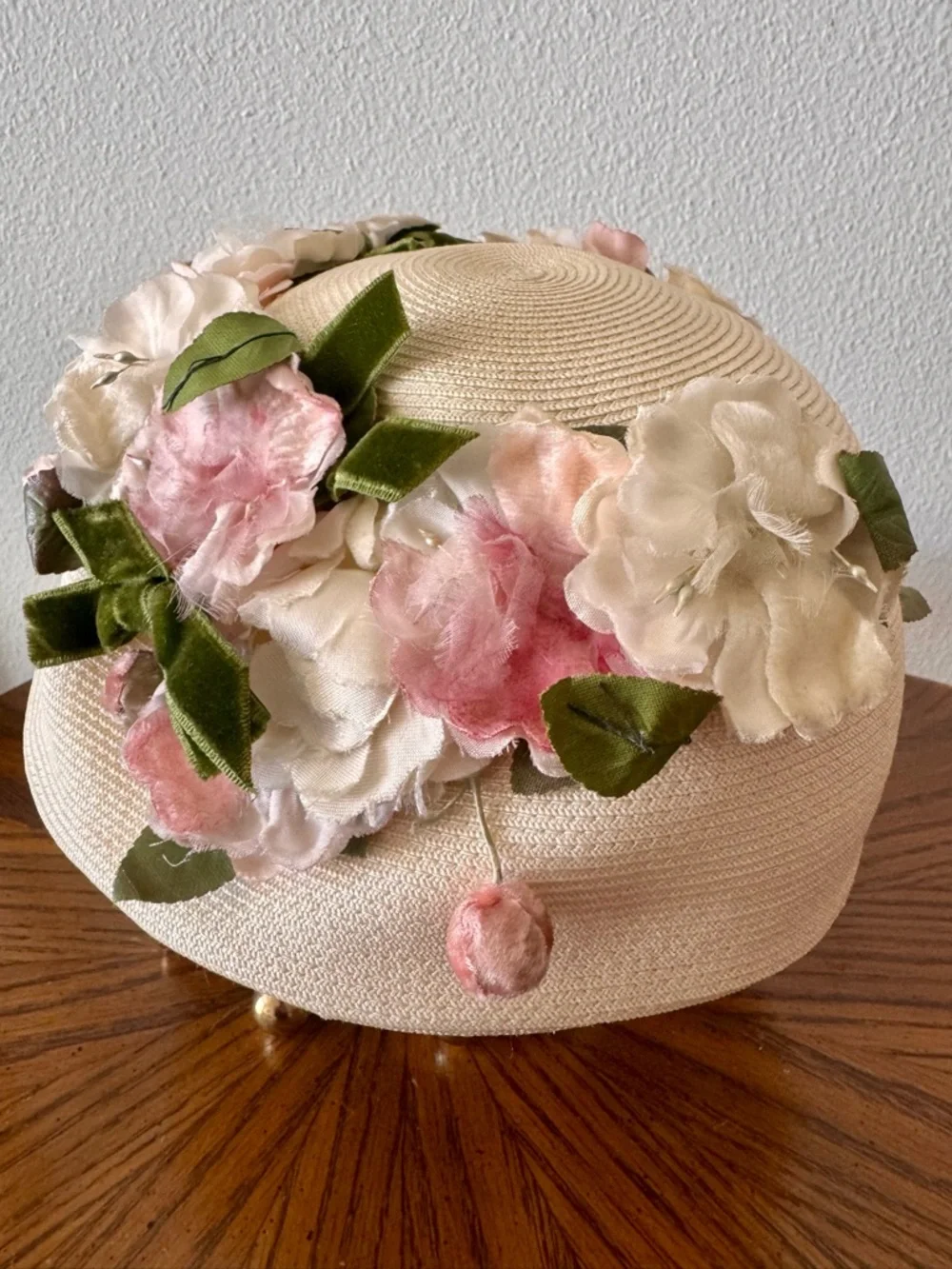 Vintage 1950s Cream millinery Hat with Pink and Green Flowers and Velvet Bow